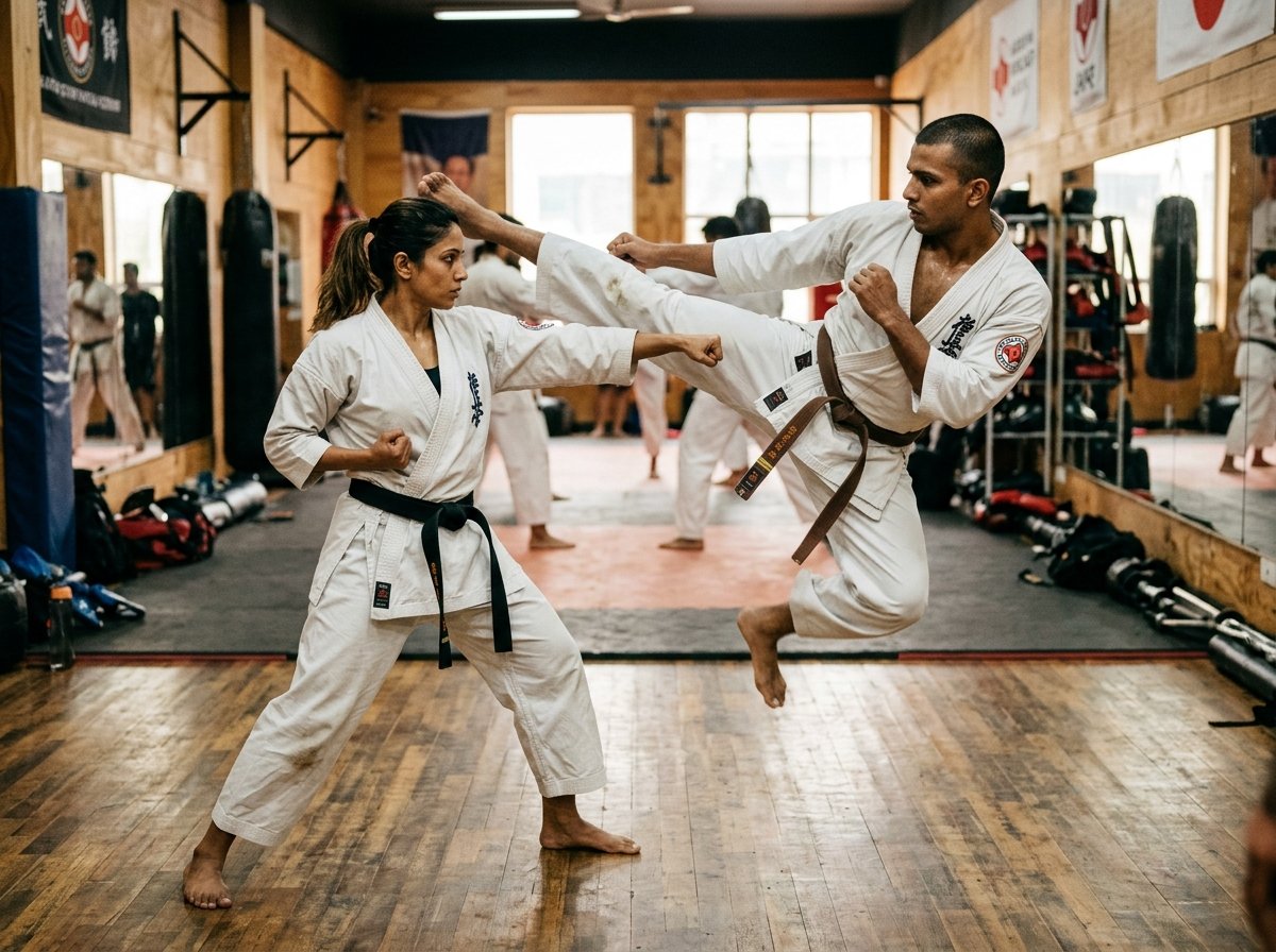 Adults training in karate dojo