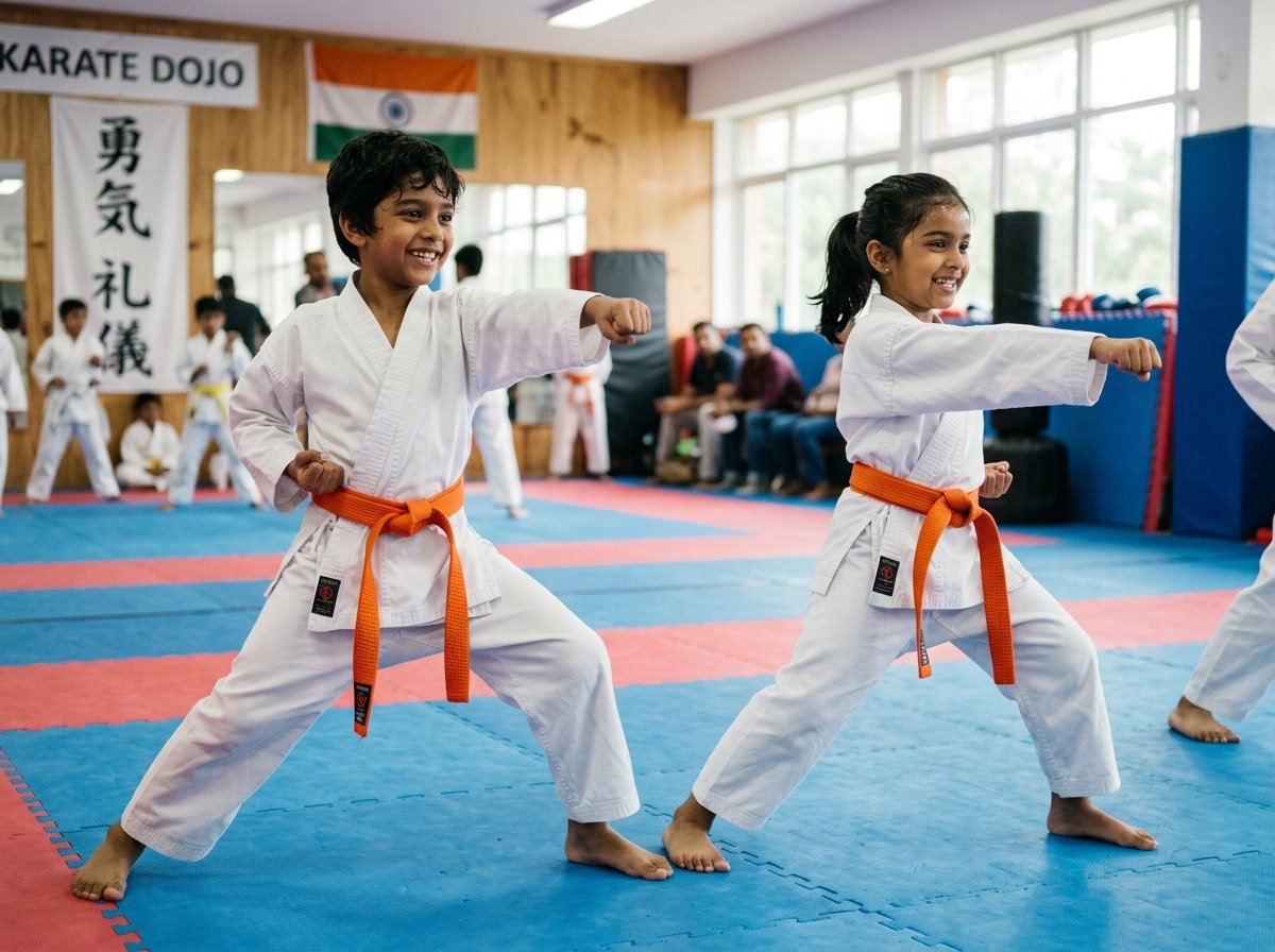 Indian children practicing karate basics