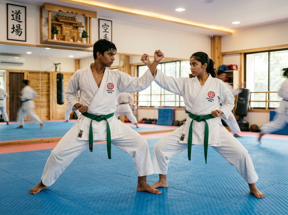 Indian teenagers practicing karate technique